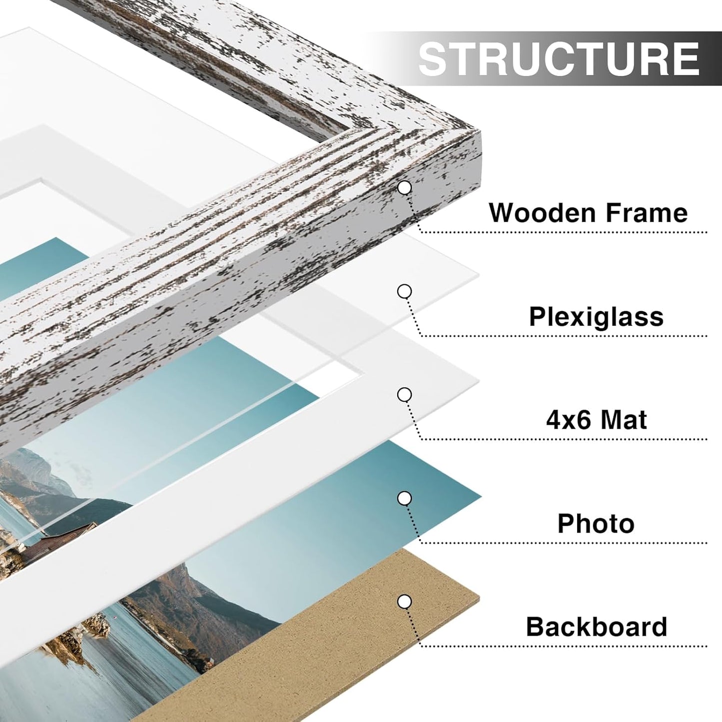 Vittanly 5x7 Picture Frames Set of 9, Shatter Resistant Plexiglass, Display 4x6 Pictures with Mat or 5x7 without Mat, Photo Frames for Wall or Tabletop, Engineered Wood, Distressed White