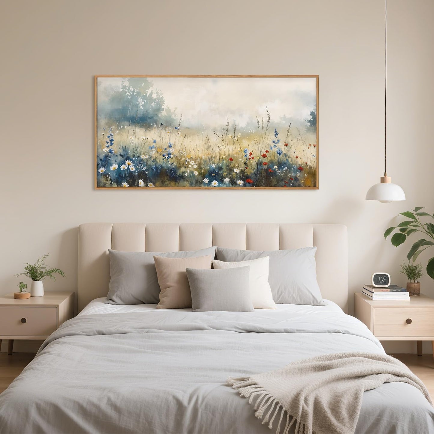 Nature Wildflower Framed Canvas Wall Art Set, Pastoral Landscape Wall Decor, Colorful Meadow Wall Painting, Rustic Floral Art Print for Living Room, Bedroom, Office - 20"X40"