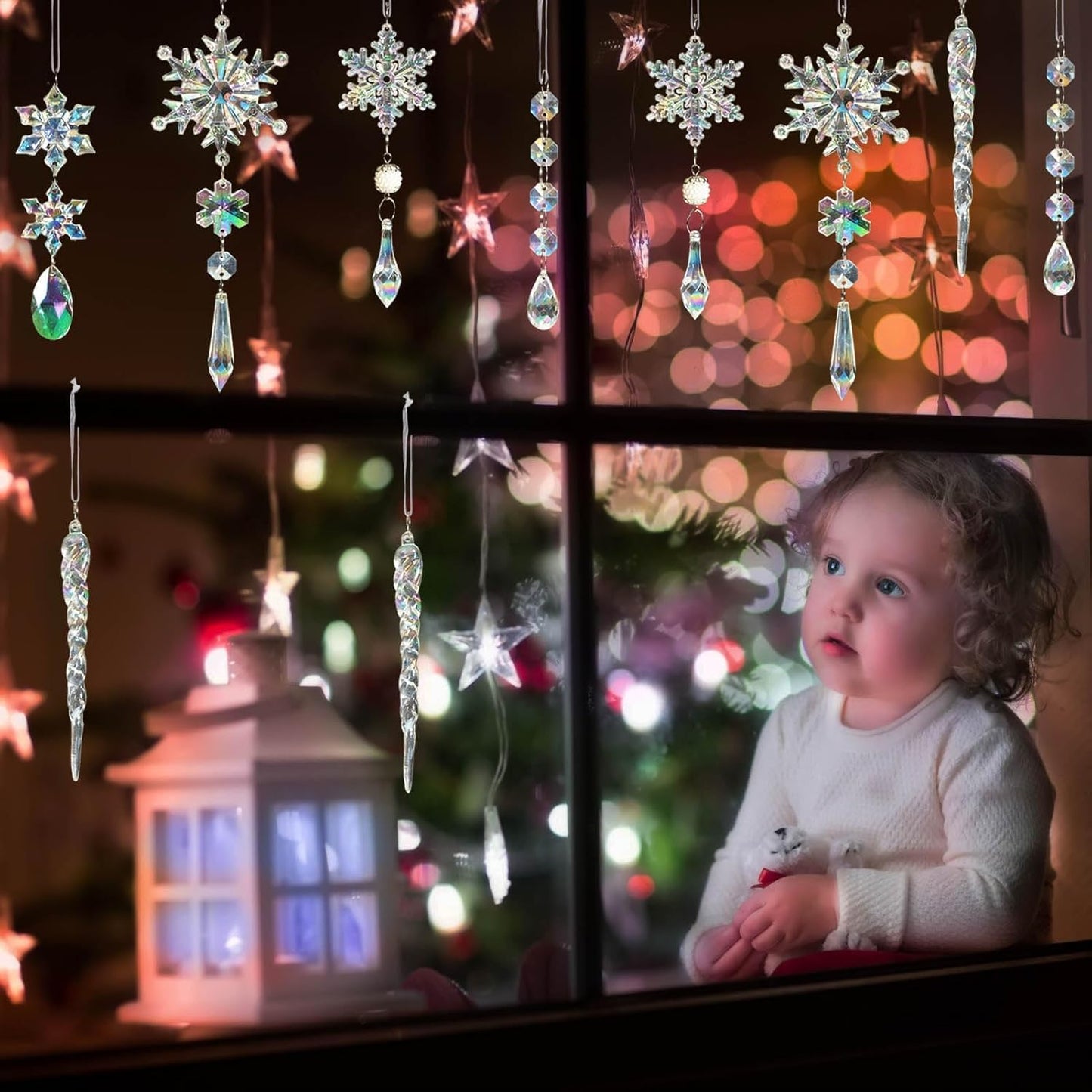 Christmas Tree Decorations Crystal Ornaments - 18pcs Iridescent Christmas Ornaments Acrylic Snowflakes Icicle Drop Crystal Hanging Ornaments for Xmas Tree Winter Holiday Frozen Party Decorations