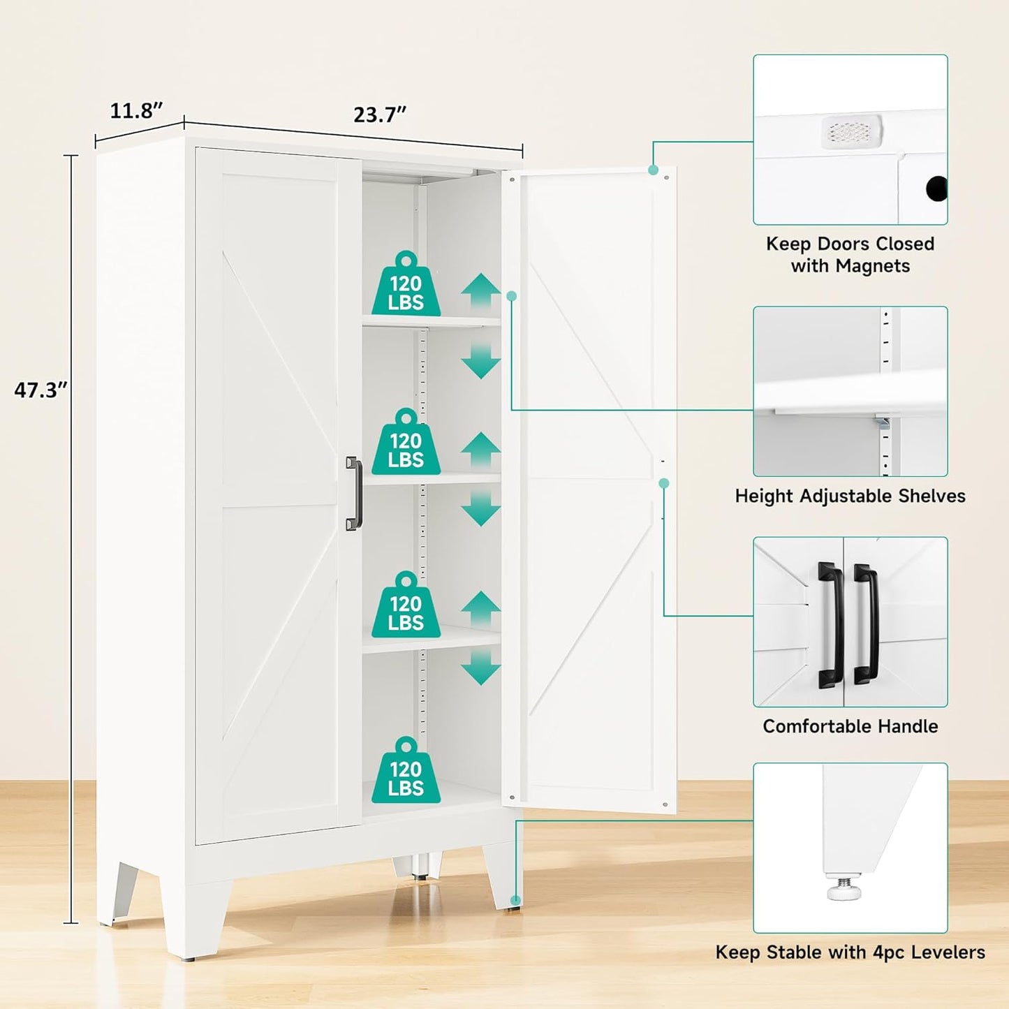 SISESOL Metal Storage Cabinet with 2 Doors and 3 Shelves,White Pantry Storage Cabinet with Legs,Farmhouse Pantry Cabinets Cupboard,Bathroom Cabinets for Home,Kitchen,Dining/Living Room (47.3" H)