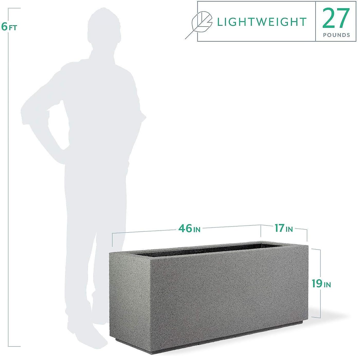 PolyStone Milan Tall Modern Outdoor/Indoor Rectangular Trough Planter, 46" L X 17" W X 19" H, Lightweight, Heavy Duty, Weather Resistant, Polymer Finish, Commercial and Residential (Gray Granite)