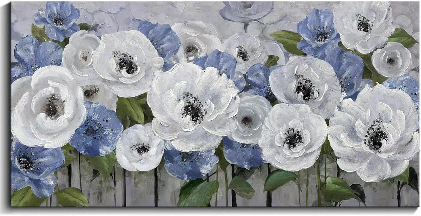 Floral Wall Art for Living Room-Large Blue and White Flower Paintings, Textured Nature Artwork Pictures on Canvas, Landscape and Flower Wall Art for Bedroom Decor