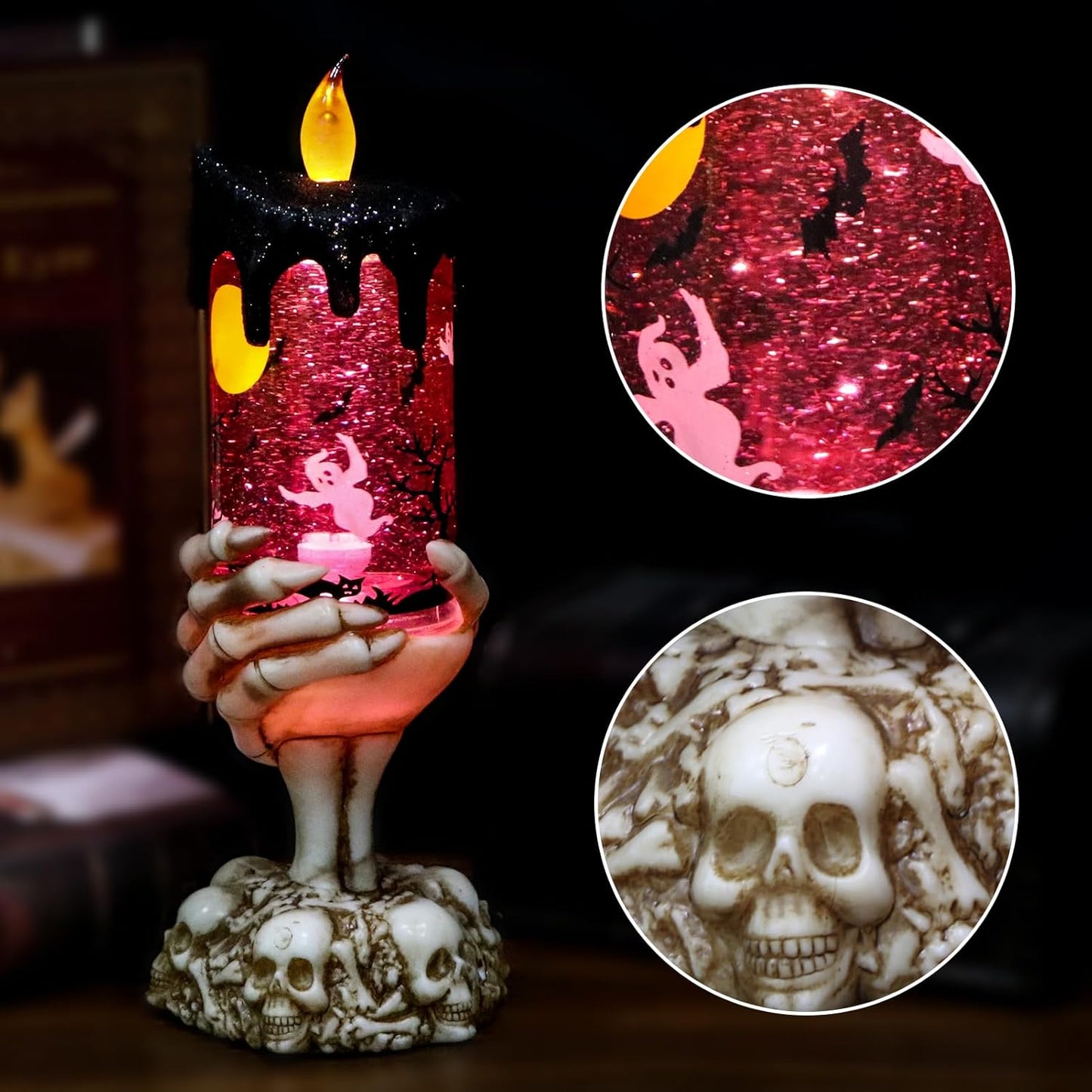 Eldnacele Halloween Snow Globe Candles Lighted Lamp USB Powered Battery Operated Spooky Spinning Water Glittering Tornado Flameless Candles Skeleton Hand Holder Halloween Centerpiece Decor(Ghost)