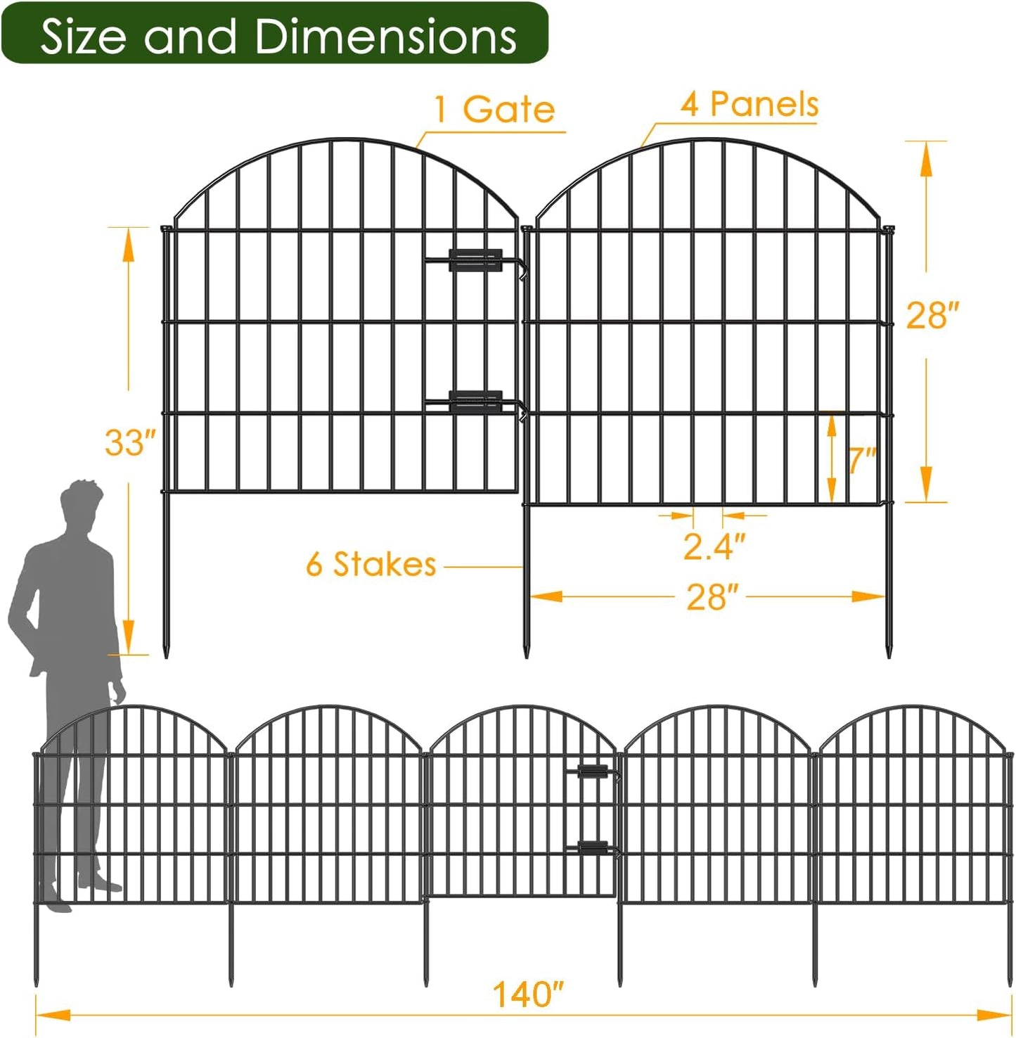 Metal Garden Fence with Gate 28in (H) x 11.7ft (L), 1 Gate + 4 Panels Rustproof Border Fence Animal Barrier for Dogs, No Dig Garden Fencing for Yard Backyard Landscape, ECG2827 Black