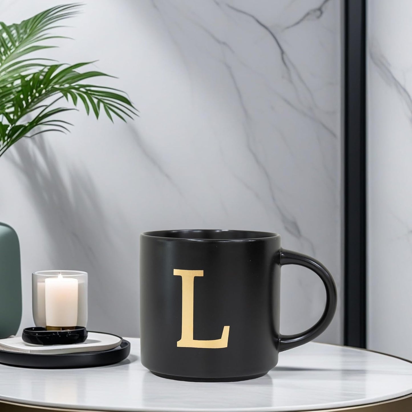 COLLECTIVE HOME - Monogram Ceramic Mugs, 15 oz Golden Initial Black Coffee Cups, Elegant Alphabet Tea Mugs, Elegant Personalized Mug with Gift Box, Unique Mug with Double Side Capital Lette (L)