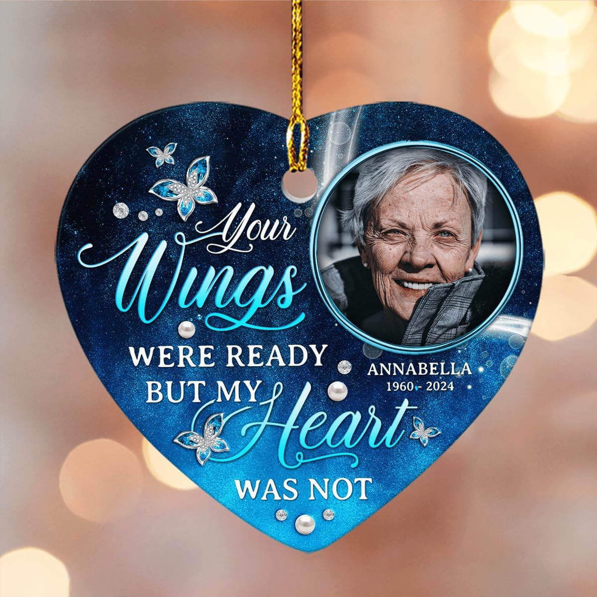 Personalized Memorial Ornaments with Photo Picture Your Wings were Ready But My Heart was Not Heart Shaped Ceramic Ornament Custom Pictures Heaven Keepsake Sympathy Gift Christmas Tree Décor