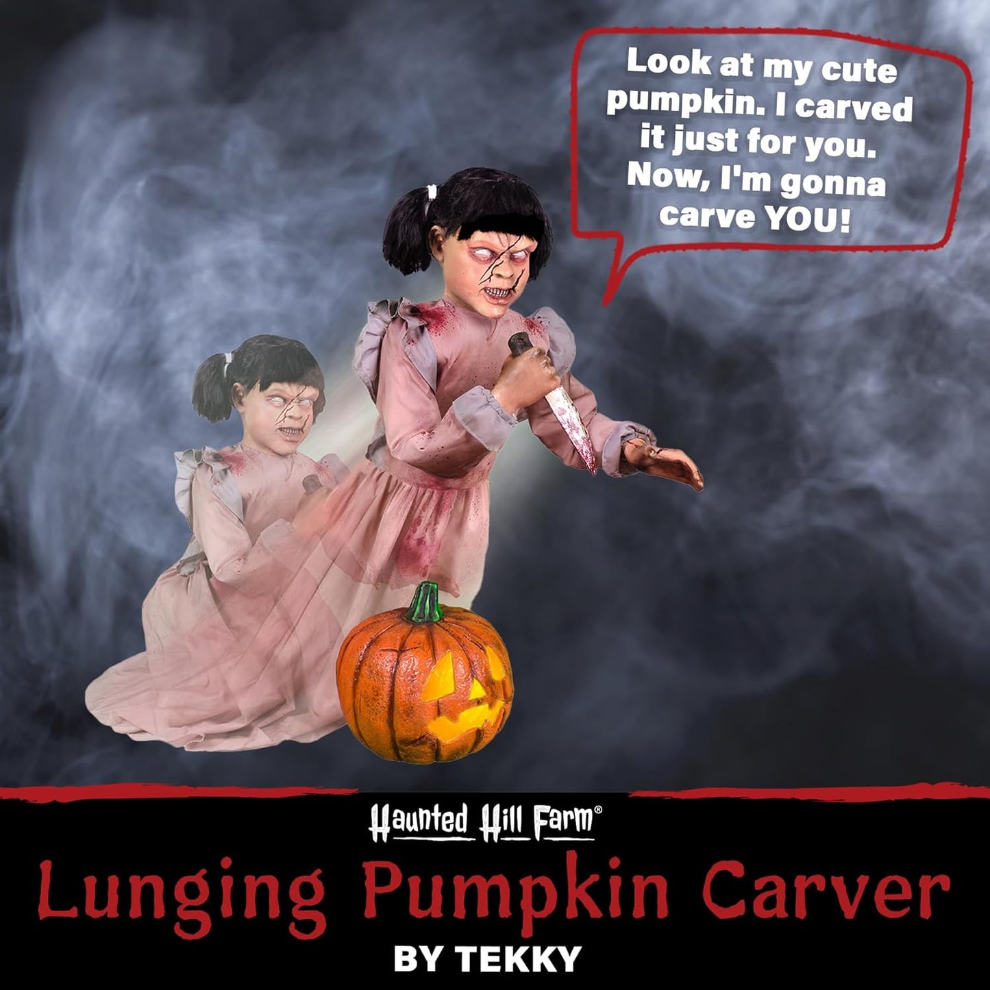 Haunted Hill Farm Lunging Pumpkin Carver Zombie Girl by Tekky, Motion-Activated Talking Halloween Animatronic for Indoor or Covered Outdoor Creepy Halloween Decorations, Plug-in or Battery Operated