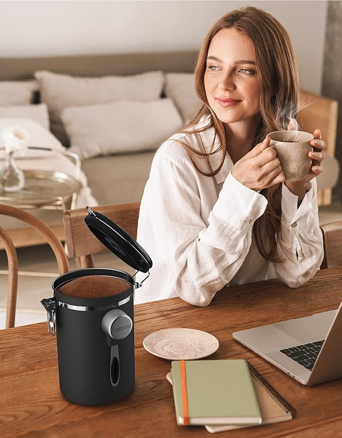 HAIOOU Airtight Coffee Canister, 22OZ Large Stainless Steel Coffee Bean Storage Container with Date Tracker, Measuring Scoop, 6Pcs CO2 Valves and Mini Tongs for Beans, Grounds, Sugar and more - Black