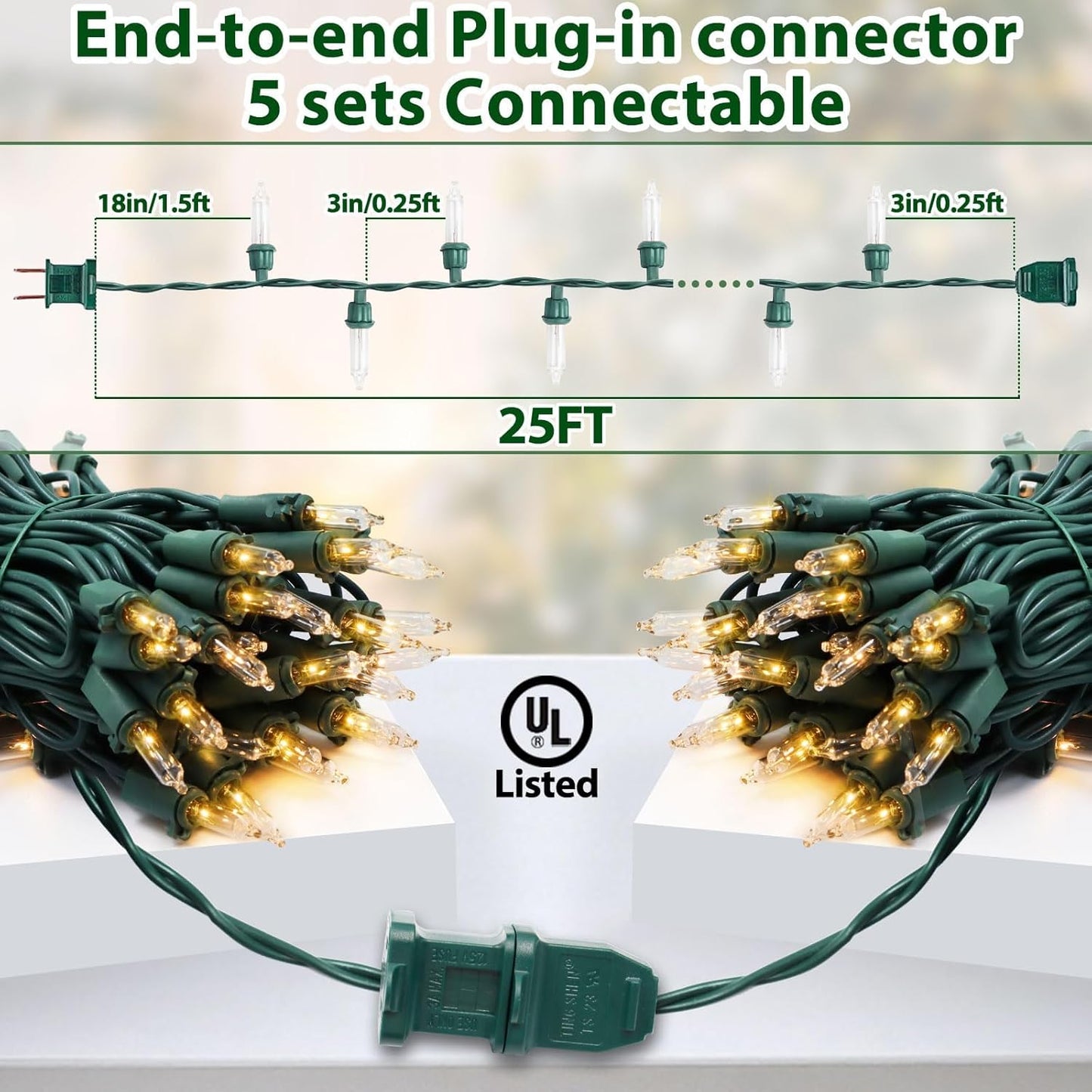 Clear Christmas Lights 25FT 100 Incandescent Bulbs Warm White Mini Lights with Green Wire for Christmas Tree, Garland, Thanksgiving, Wedding, Party, Home, Indoor & Outdoor Festival Decoration