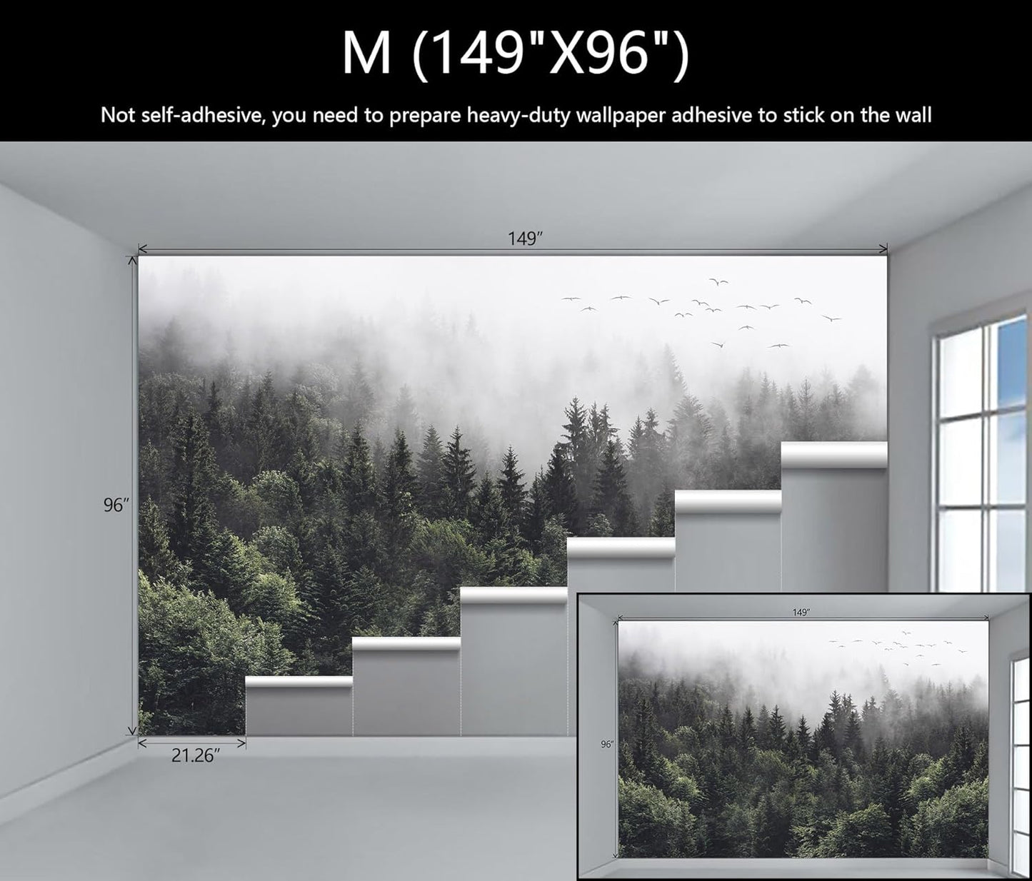 WFBHUA-Foggy Forest Woodland Wallpaper Green Nature Landscapes Wall Murals for Bedroom Living Room(Not Peel and Stick)