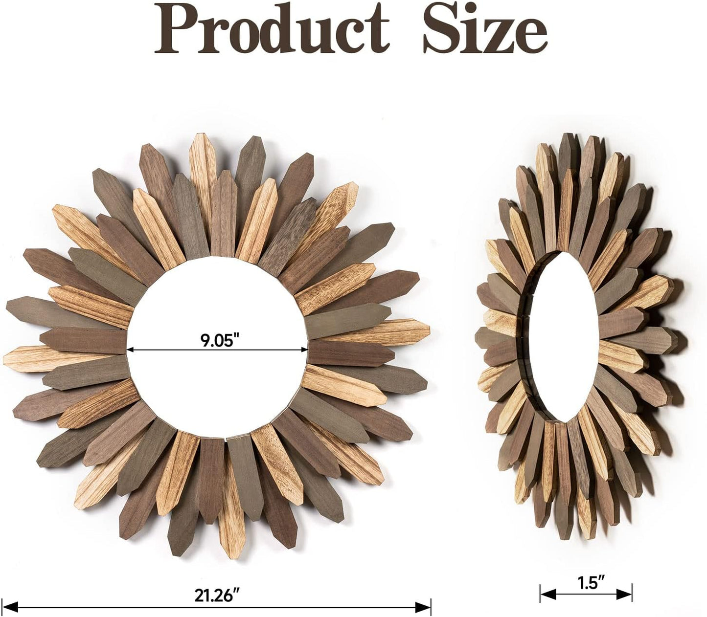 Honiway Boho Wall Decor 21 inch Wall Mirror Rustic Wood Decorative Mirror for Room Decor Rustic Home Decor Farmhouse Wall Decor at Living Room Bedroom Bathroom Hallway Trilcolor