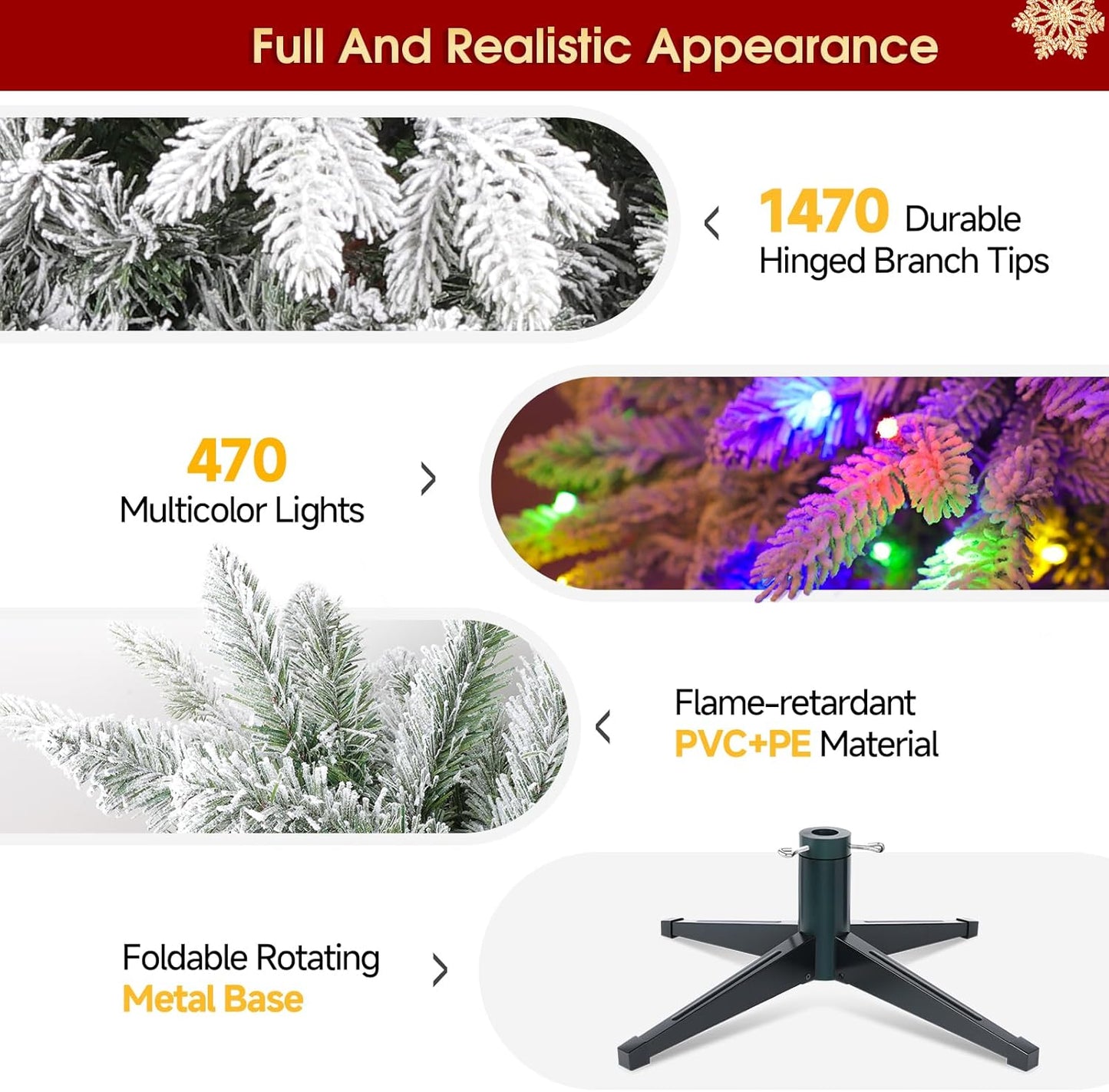 7.5ft Pre-lit Artificial Christmas Tree with Remote, Snow Flocked Xmas Trees Rotating & Foldable Stand, RGB & Warm White Light for Home Decor