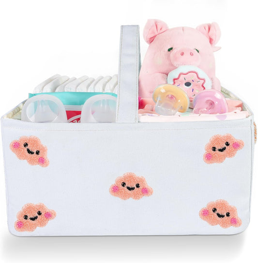 Baby Diaper Caddy Organizer with Handle - Durable Canvas Storage Basket with Cloud Embroidery, Portable Nursery Organizer for Newborn Essentials, Diaper Travel Bag, Baby Shower Basket-Pink