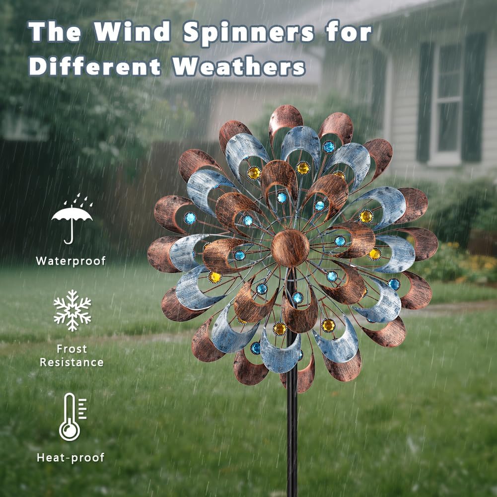 DREAMYSOUL Wind Spinner Outdoor, 20" Dia Large Metal Windmills with Blue and Copper Blades, Kinetic Wind Spinners & Sculpture for Yard and Garden