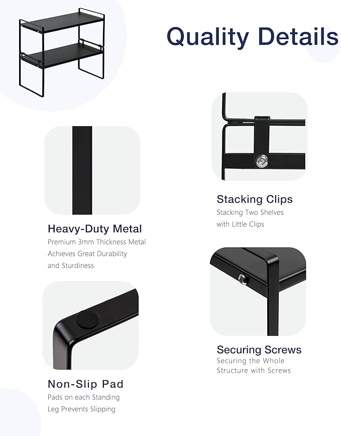 Nxconsu 2Pack Cabinet Shelves Stackable Shelf Organizer Rack Riser for Kitchen Cabinet Pantry Cupboard Counter Countertop Home Organization Storage Space Saver Heavy Duty Metal Nonslip Black