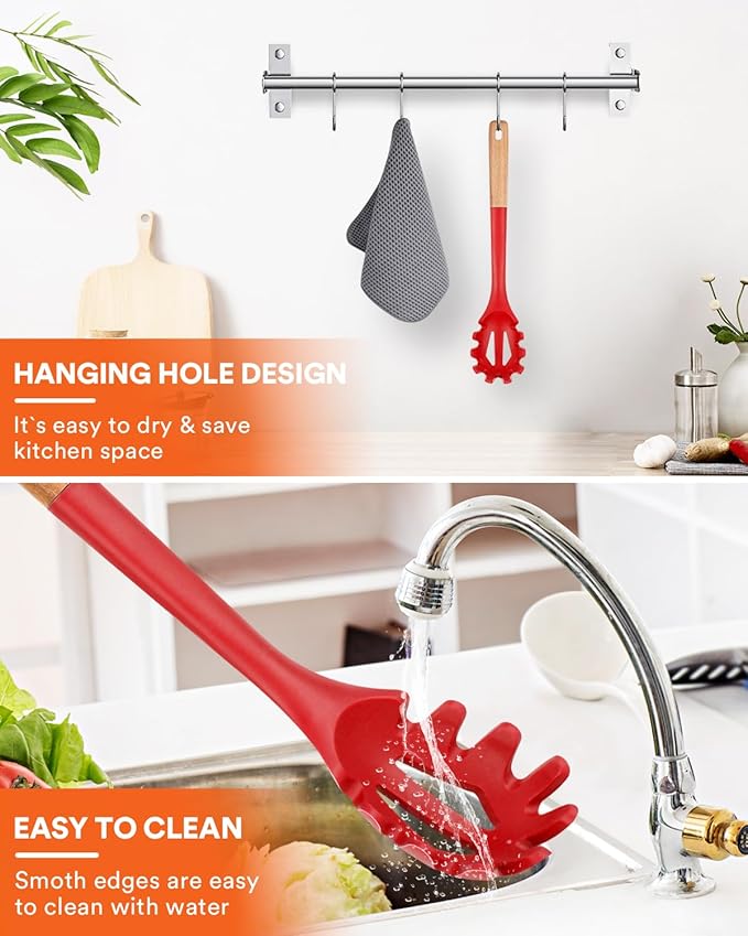 Silicone Pasta Fork, Kitchen Heat Resistant Noodle Spoon Server, BPA Free Spaghetti Strainer,12.8 inch (RED)