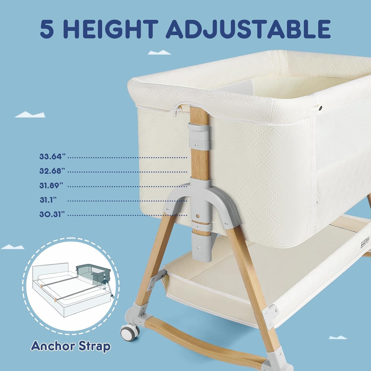 HARPPA Cuddly Bassinet, 3 in 1 Baby Bassinet Bedside Sleeper, Bedside Crib with Mattress and Wheels, Breathable Mesh, 5 Height Adjustable, Anchor Strap (Wood Grain, White)