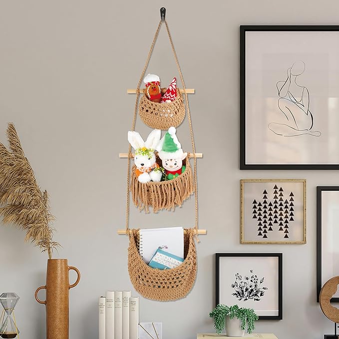 3 Tier Hanging Fruit Basket for Kitchen, Handmade Woven Cotton Hanging Wall Basket for Fruit Vegetable with 6 Hooks, Boho Style Over The Door Organizer for Living Bathroom Bedroom