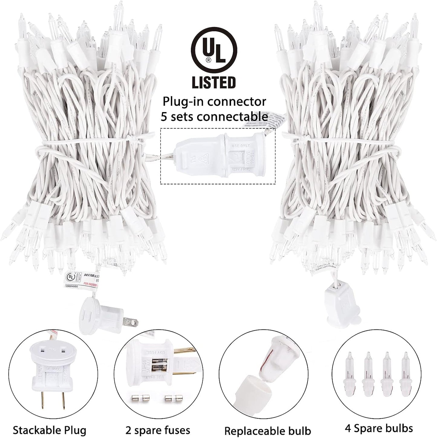 Minetom Clear Christmas String Lights 100 Count 26.5 Feet Incandescent Bulb Mini Lights for Indoor Xmas Tree Garland Birthday Wedding Party Festival Decoration, 2 Pack White Wire