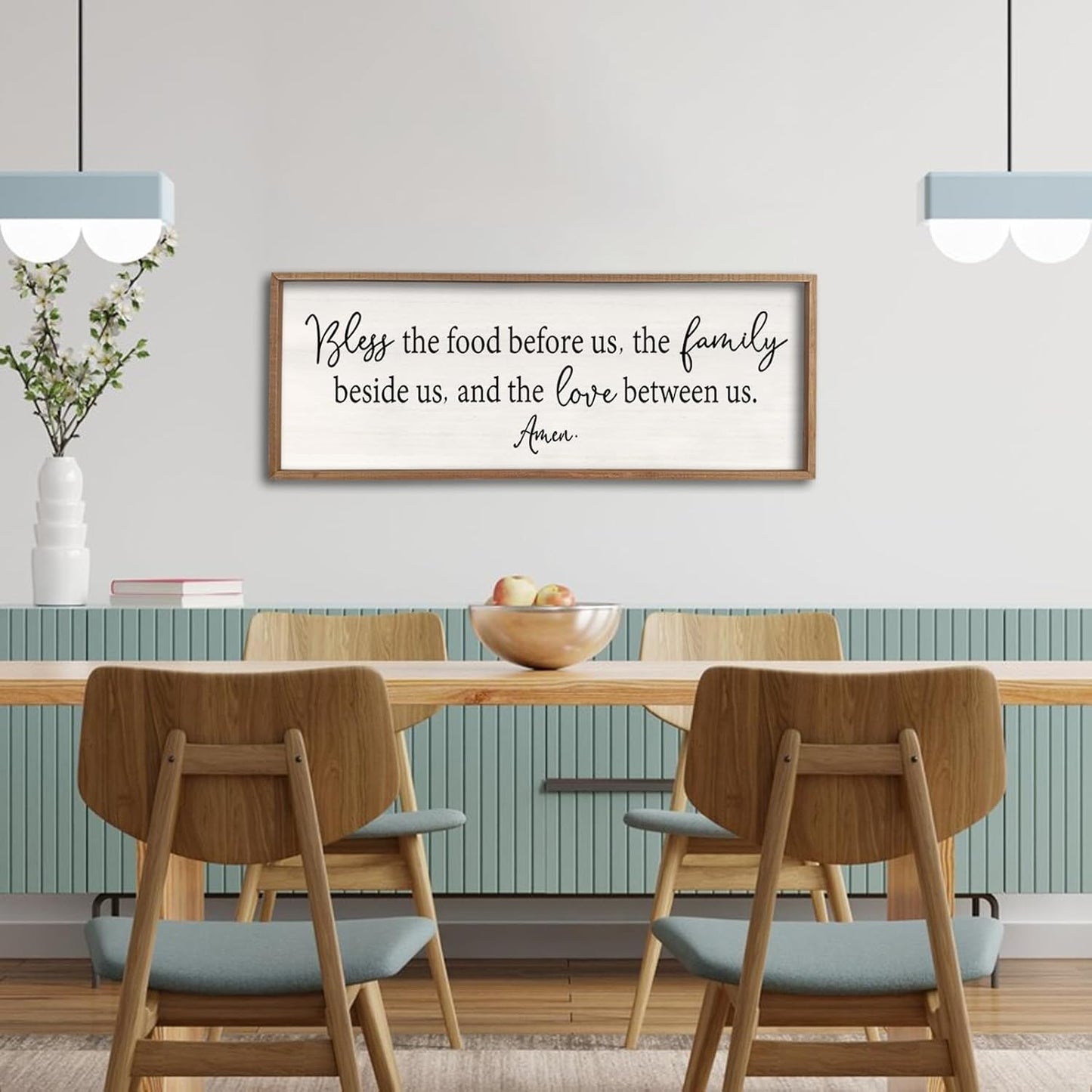 Bless the Food Before Us Sign Wall Decor 40"X15" Large Farmhouse Dining Room Wall Decor Framed Wood Rustic Home Wall Art Kitchen Hanging Decoration (Wood White)