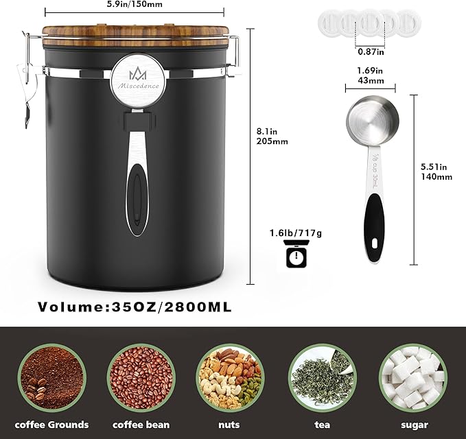 35OZ Coffee Canister for ground coffee with Date Tracker,Wood grain lid 304 Stainless Steel Kitchen Food Airtight storage container for Coffee Beans or Grounds, Tea, Sugar(35oz-grain)