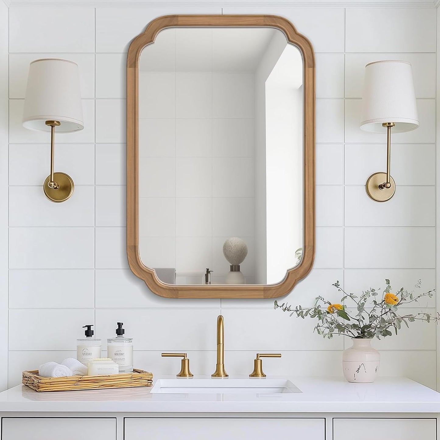 WallBeyond 20" x 30" Rounded Corner Arch Wall Mirror with Wood Frame for Entryway, Living Room or Bedroom Home Decor - Light Woodgrain [20" x 30" Honey-Colored]