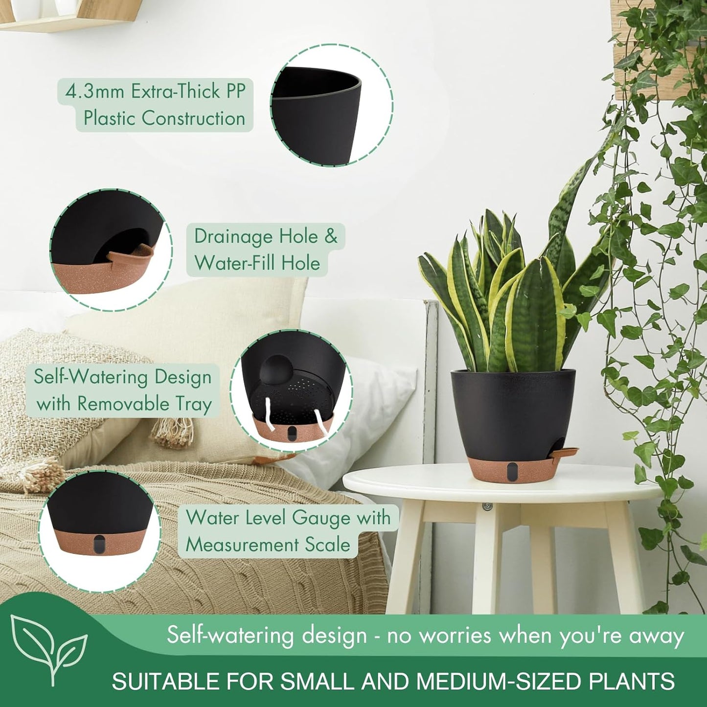 montresor 2 Pack 8 inch Plant Pots, PP Plastic Self Watering Plant Pot with Drainage and Tray for Indoor Outdoor Plants, Water Level Window & Reservoir Flower Pots Decorative Planter (Black)