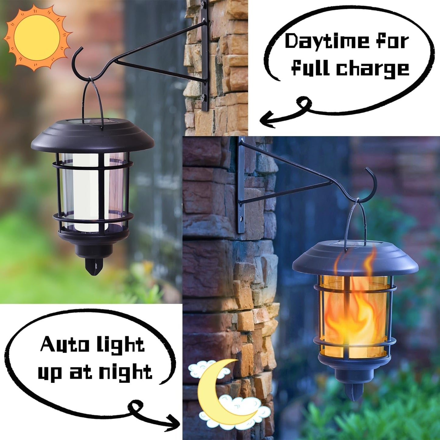 Dynaming 4 Pack Solar Flame Wall Lanterns Outdoor, Solar Powered Wall Mounted Sconce Lights, Flickering Flame LED Light Auto On/Off Hanging Lights, Waterproof for Garage Stair Patio Porch Yard