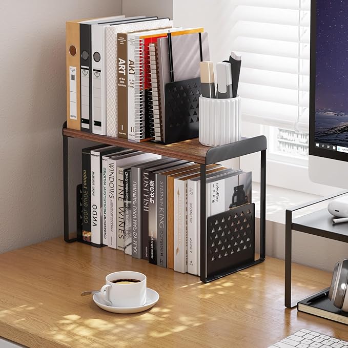 Mitus Shelf Organizer and Storage, Tiered Wood Cabinet Rack for The Kitchen Counter, Bathroom Counter, Pantry Cupboard, Office Desk Bookshelf, 12" Wide Walnut Brown and Black