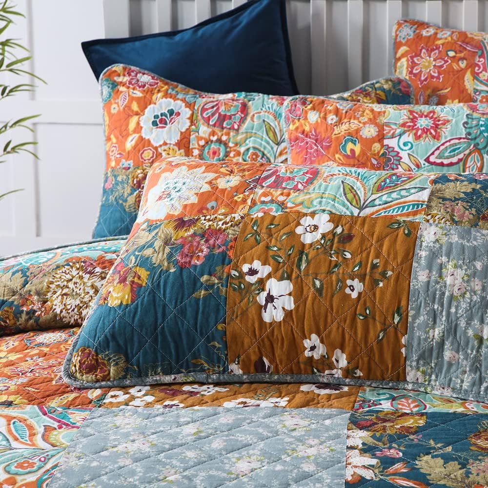 Autumn Dream Cotton Bedspread Quilt Sets Reversible Bedding Coverlet Sets Comforter, Paisley Floral Patchwork Yellow Grey Bedspread, Queen Size