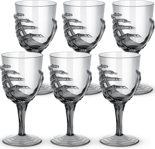 Dandat 6 Pcs Halloween Skeleton Hand Goblets 12oz Clear Plastic Halloween Cups Skull Wine Glass Set for Creepy Spooky Party Decorations (Black)