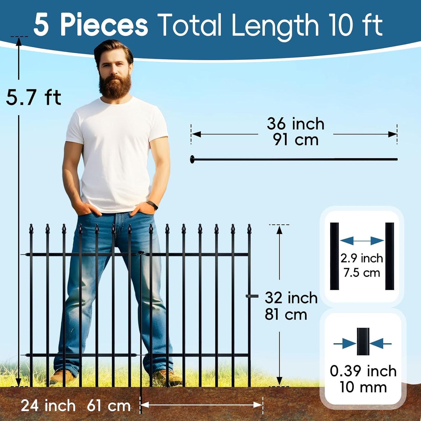 Metal Garden Fence 32 in H x 24 in W 5 Panels (4 Panels + 1 Gate) Total Length 10 ft, No Need Dig Rustproof Animal Barrier Fencing Border Fence for Dog, Patio,Yard, Landscape, Flower Bed