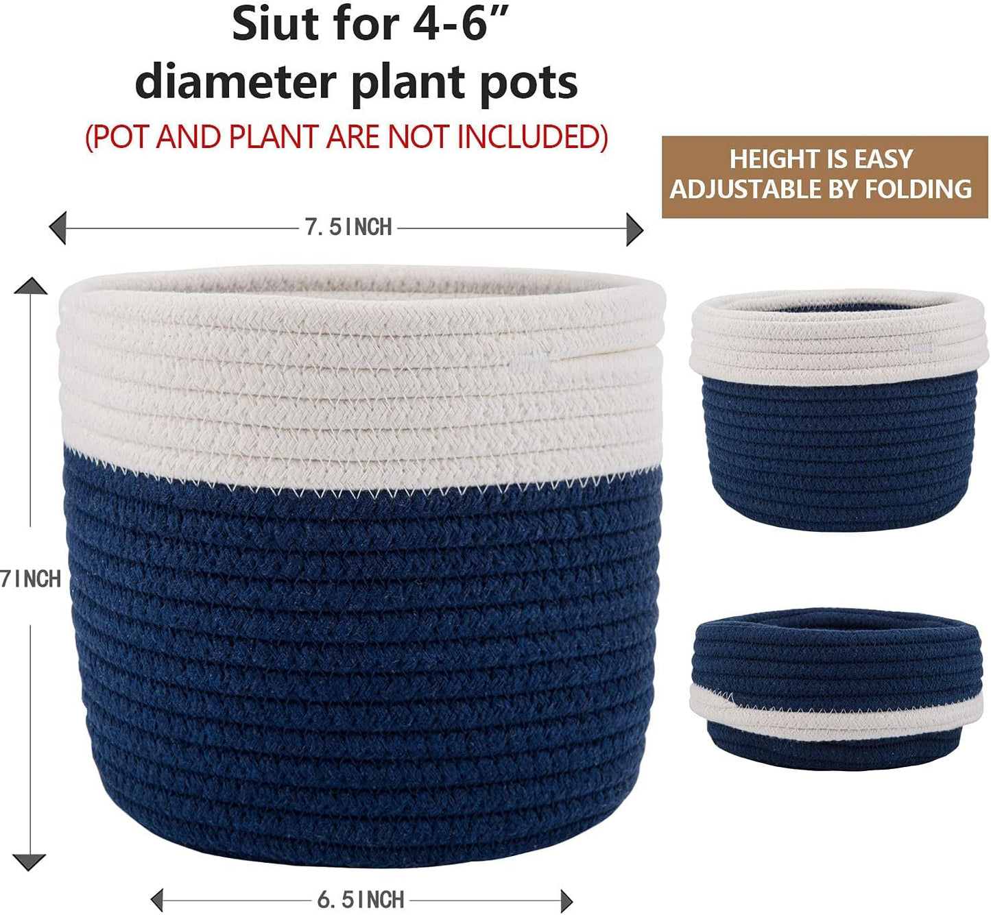 Cotton Rope Plant Basket Woven Baskets for 6" Pot Floor Indoor Planters,Rustic Home Decor H6 3/4" x W6 1/2" White Stitching Navy Blue