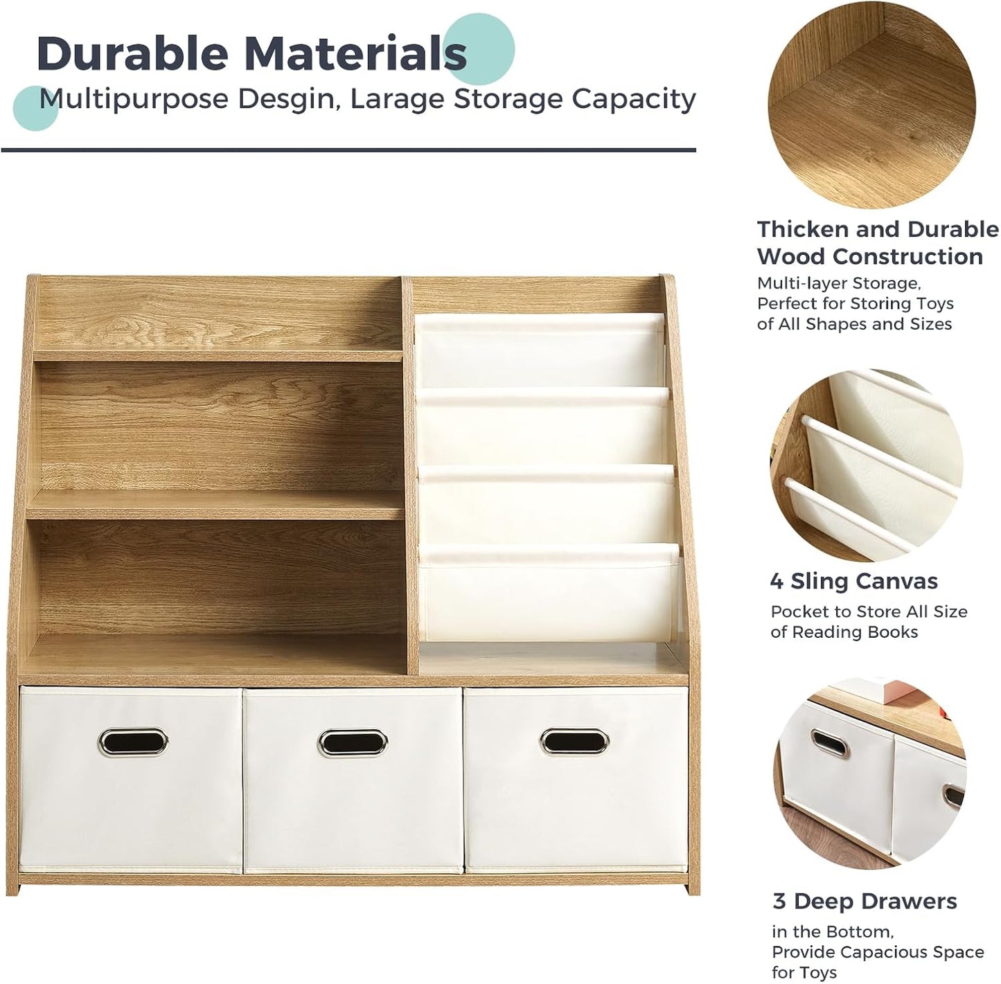 Kids Bookshelf, Kids Toy Storage Organizer with Storage Bins, Wooden Bookshelf and Book Display Shelf for Bedroom, Playroom, Nursery, Classroom, Teak Color