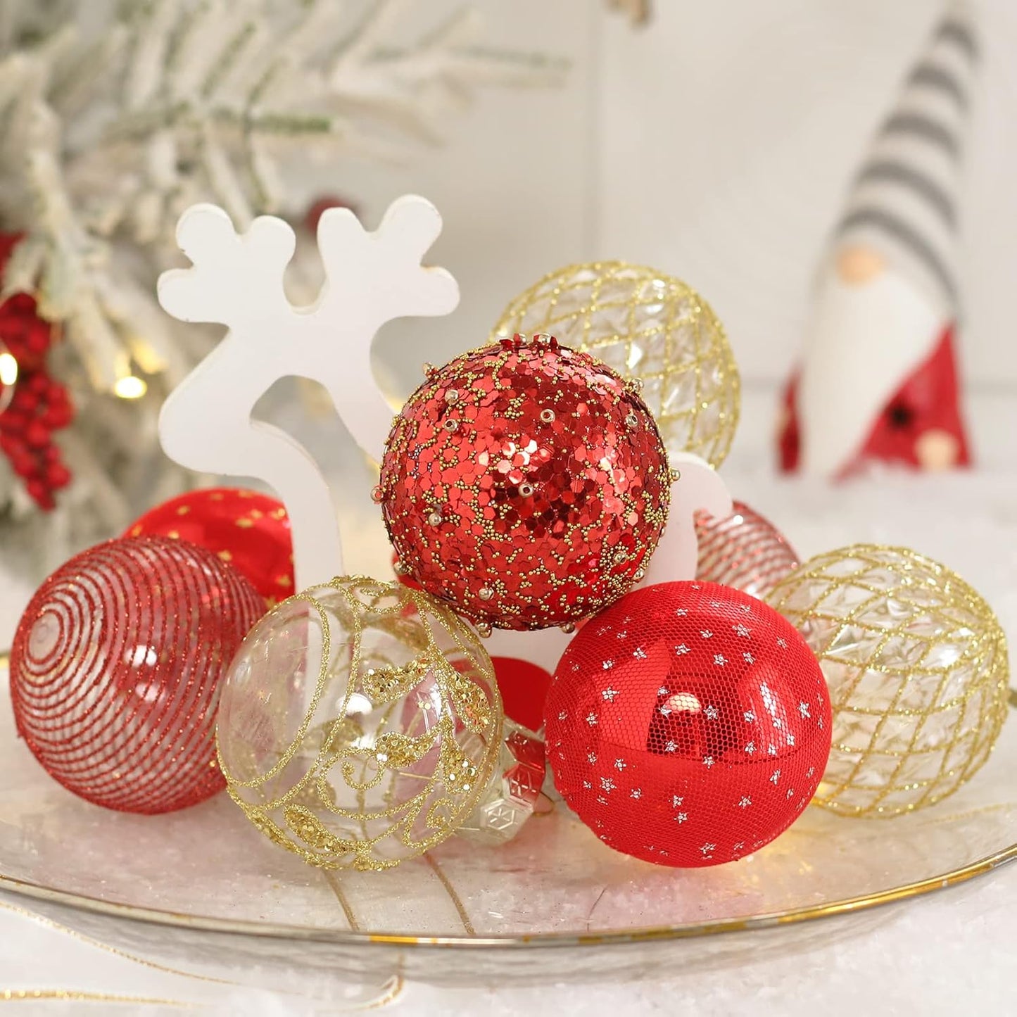 25PCS Christmas Ornaments Set, 2.36"/6CM Clear Plastic Shatterproof Christmas Ball Hanging Ornaments for Xmas Tree Decorations, for Indoor Home Party Holiday Decor - Red/Gold.