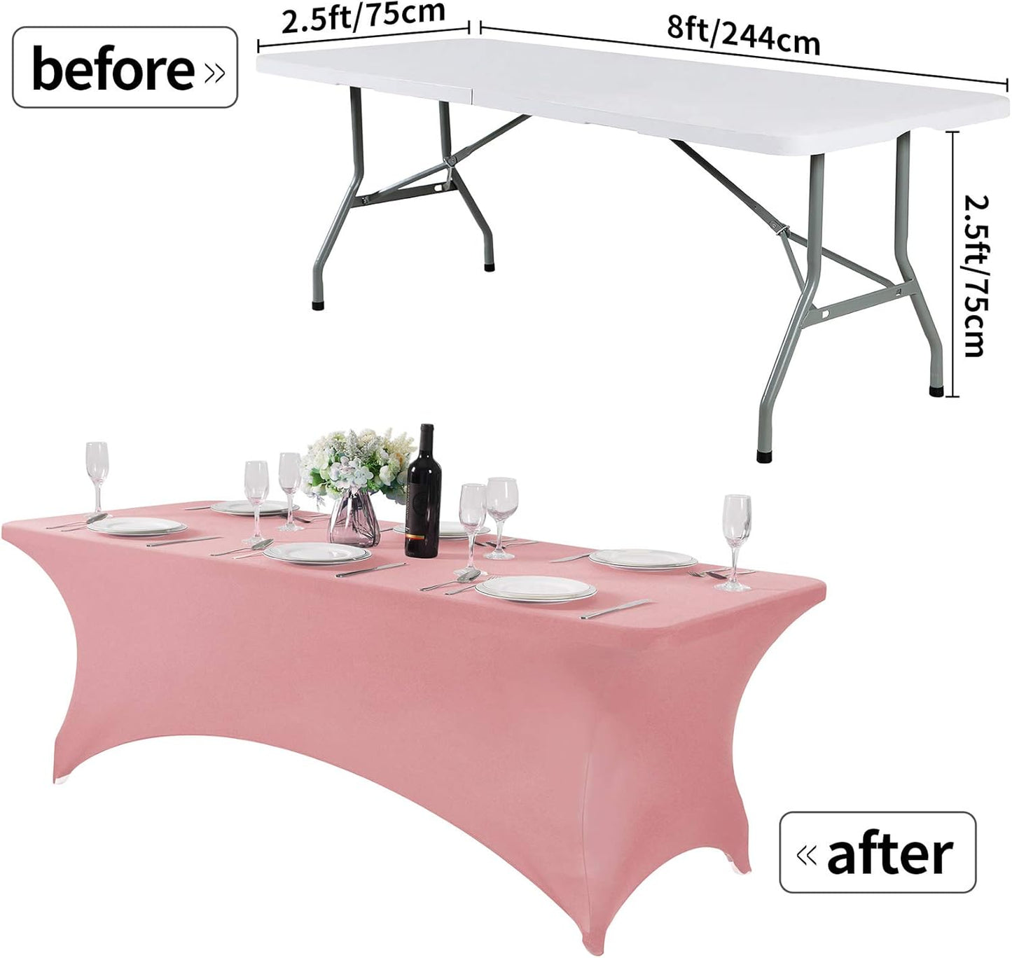 2Pack Spandex Table Cover for 8FT or 4ft or 6ft Table Universal Fitted Stretch Tablecloth for Party, Banquet, Wedding and Events-Dusty Pink