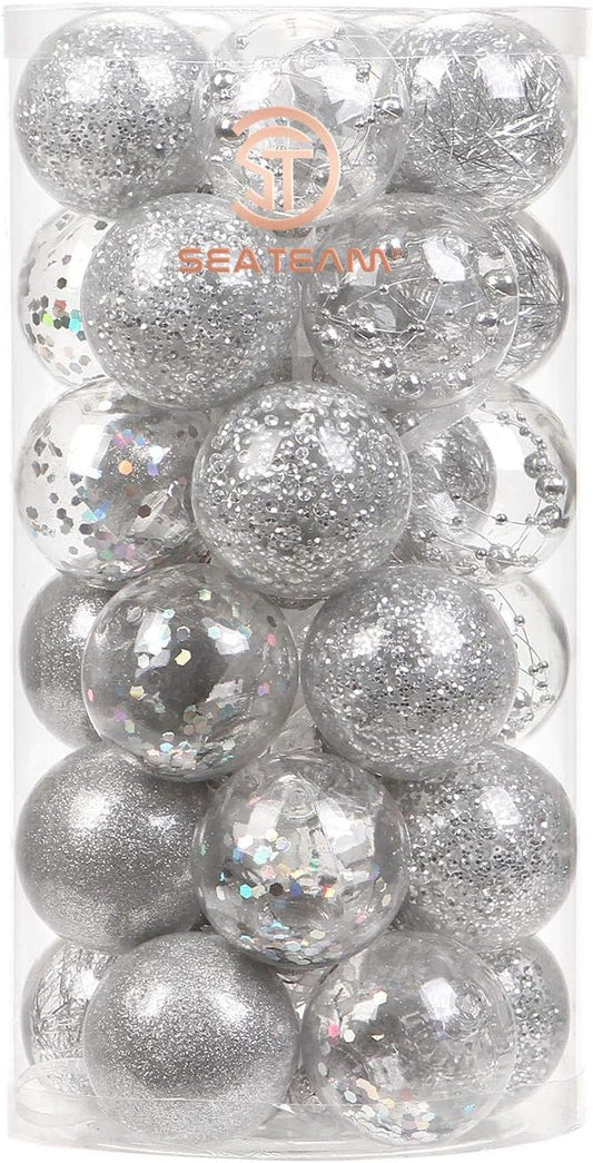 Sea Team 50mm/1.97" Shatterproof Clear Plastic Christmas Tree Ball Ornaments Set, Decorative Hanging Transparent Xmas Baubles with Stuffed Delicate Decorations (30 Counts, Silver)