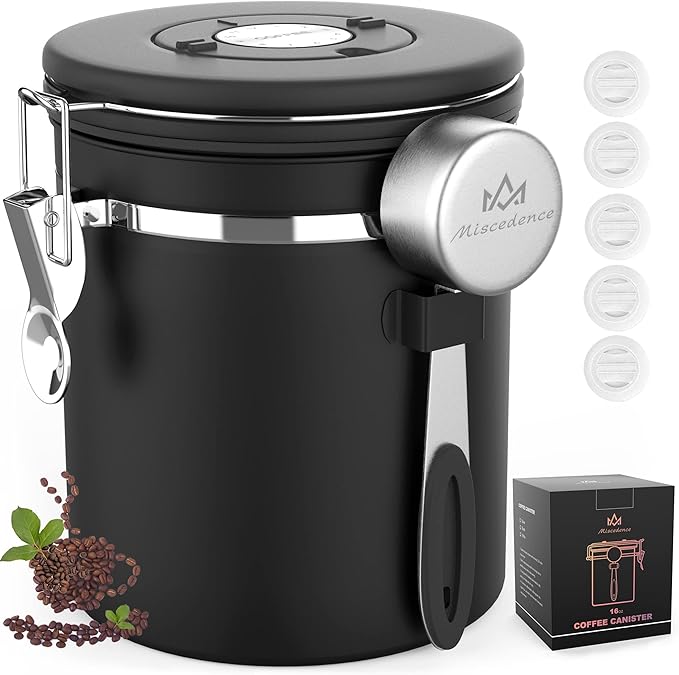 Coffee canister for ground coffee with Scoop Date Tracker One Way Co2 Valve 304 Stainless Steel Kitchen Food Airtight storage container for Coffee Beans,Grounds,Tea,Sugar (Black, 16oz)