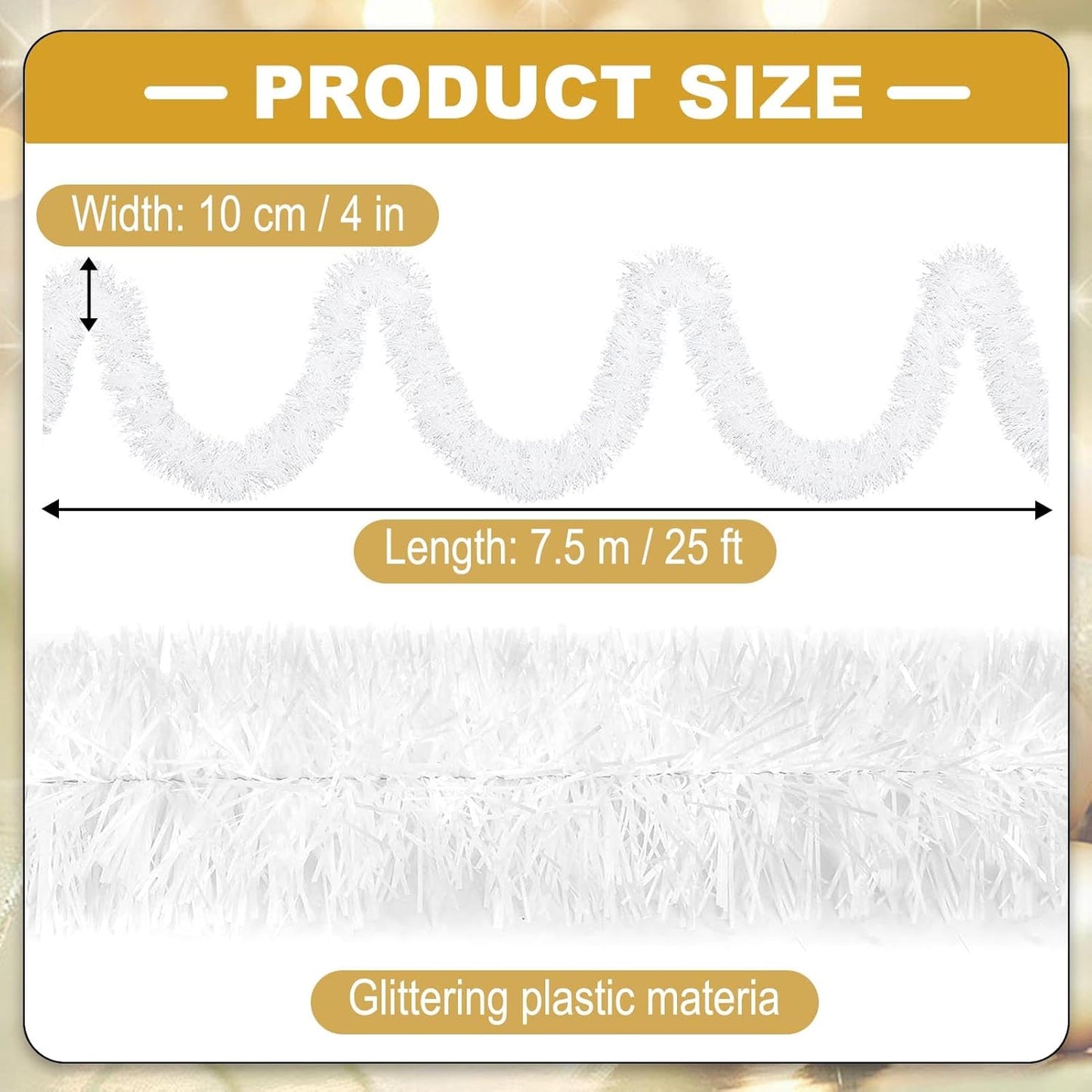 Macaron 25ft Metallic Twist Tinsel Garland - Wall Hanging Backdrop for Christmas Eve, New Year & Valentine's Day Parties (White, 4in x 25ft)