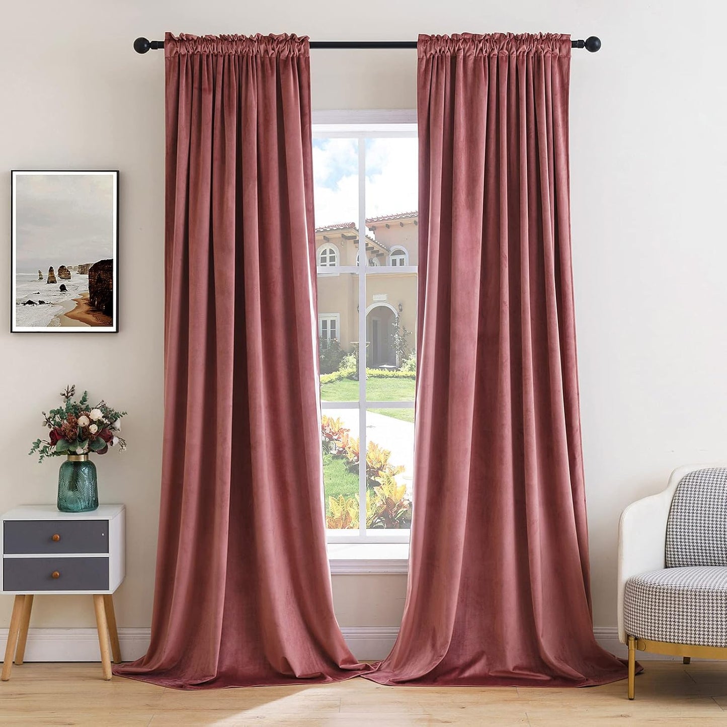 MIULEE Dusty Rose Pink Velvet Curtains Thermal Insulated Blackout Curtain Drapes for Bedroom Living Room Darkening 96 Inches Long Curtains Panels Rod Pocket Set of 2