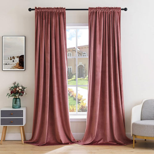 MIULEE Dusty Rose Pink Velvet Curtains Thermal Insulated Blackout Curtain Drapes for Bedroom Living Room Darkening 96 Inches Long Curtains Panels Rod Pocket Set of 2