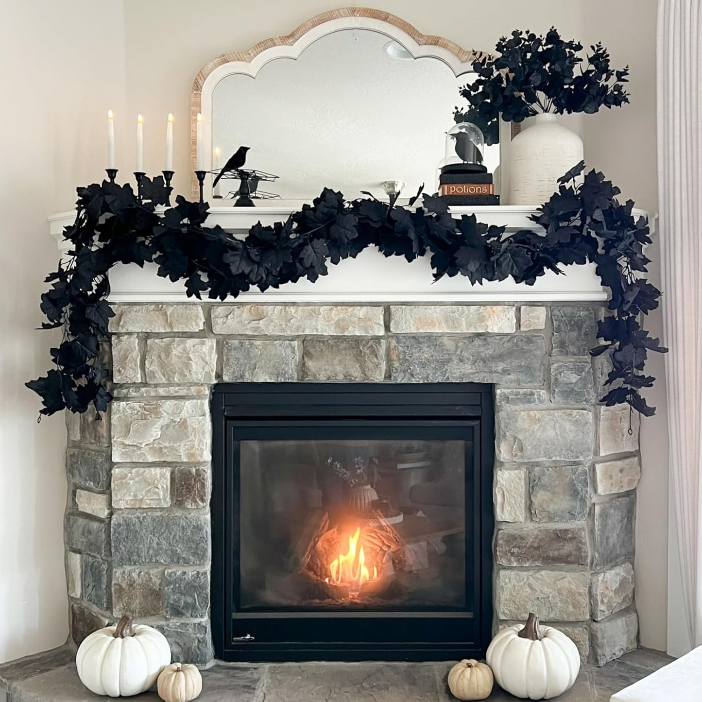 CQURE 3 Pack Black Fall Leaf Garland,Total 17.7t Halloween Garland Hanging Vines Artificial Fall Maple Leaves Thanksgiving Decor for Home Wedding Fireplace Christmas