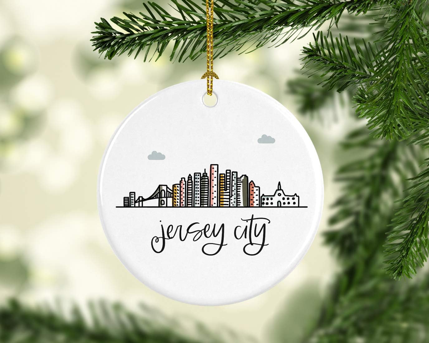 Andaz Press Round Ceramic Porcelain Christmas Tree Ornament Keepsake Gift, Jersey City, Colorful City Skyline Graphic, 1-Pack, Birthday Ideas Family Coworker Him Her, Includes Gift Box