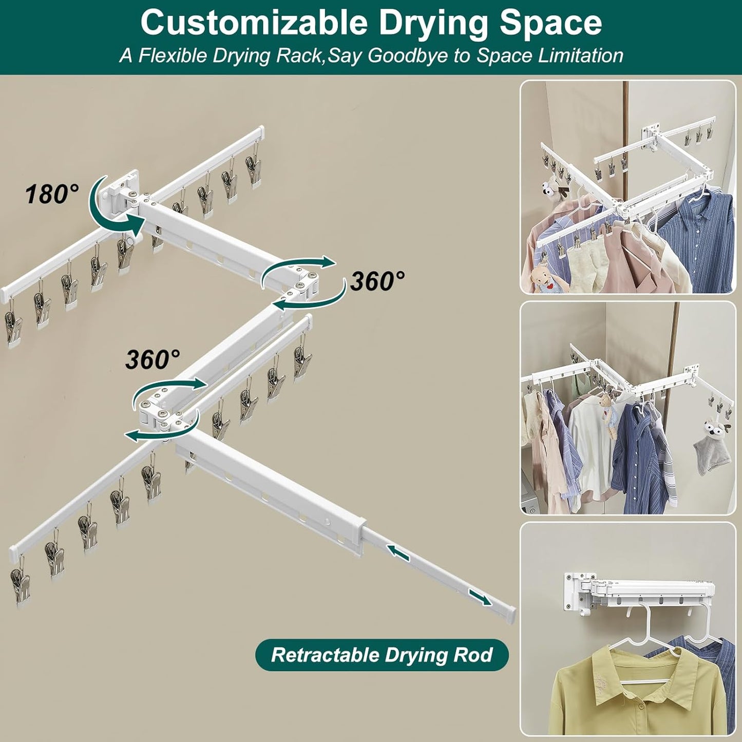 Hoimpro White 51" Clothes Drying Rack Retractable Foldable Wall Mounted, Tri-Fold Space Saving Collapsible for Hanging Clothing Coat, Ideal for Patio, Laundry Room Organization and Storage, Bathroom