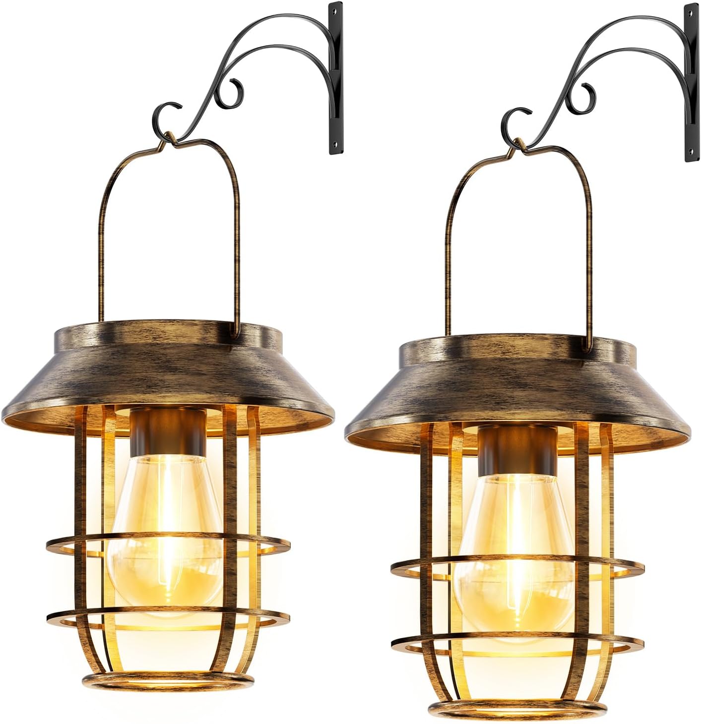 Solar Lanterns Outdoor Waterproof, High Brightness Hanging Solar Lights for Outside with Wall Hooks, Retro Metal Outdoor Lanterns Auto On/Off for Porch, Patio, Yard Decor 2 Pack