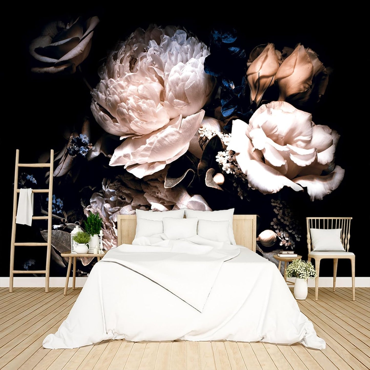 Black Peony Floral Wallpaper Peel and Stick Wall Mural for Bedroom Living Room - 96"x137"