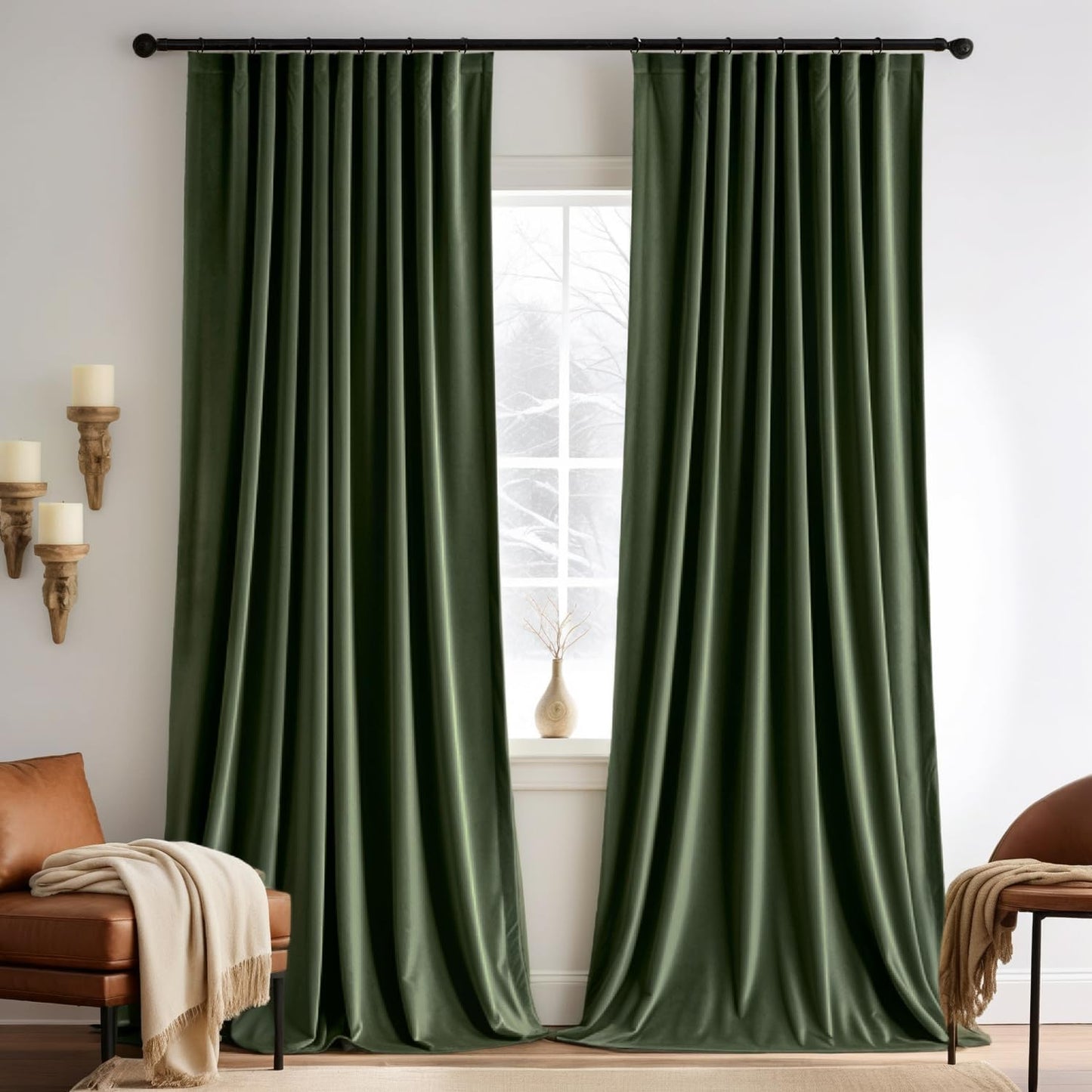 MIULEE Olive Green Velvet Curtains 84 inches 2 Panels - Pinch Pleated Luxury Room Darkening Window Drapes for Bedroom Living Room Blackout Thermal Insulated Super Soft, Back Tab Rod Pocket, W52 x L84
