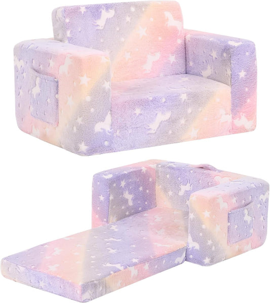 Toddler Chair Kids Couch, 2-in-1 Toddler Soft Sherpa Couch Fold Out Armchair with Removable Cover, Convertible Reading Chair Toddler Sofa for Kids, Glow in The Dark Purple Horse