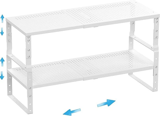 Expandable,Adjustable & Stackable Spice Rack, Cabinet Kitchen Countertop Shelf Organizer,Metal Pantry Storage Shelves - Space-Saving Storage Solution(2Packs/White/Medium)