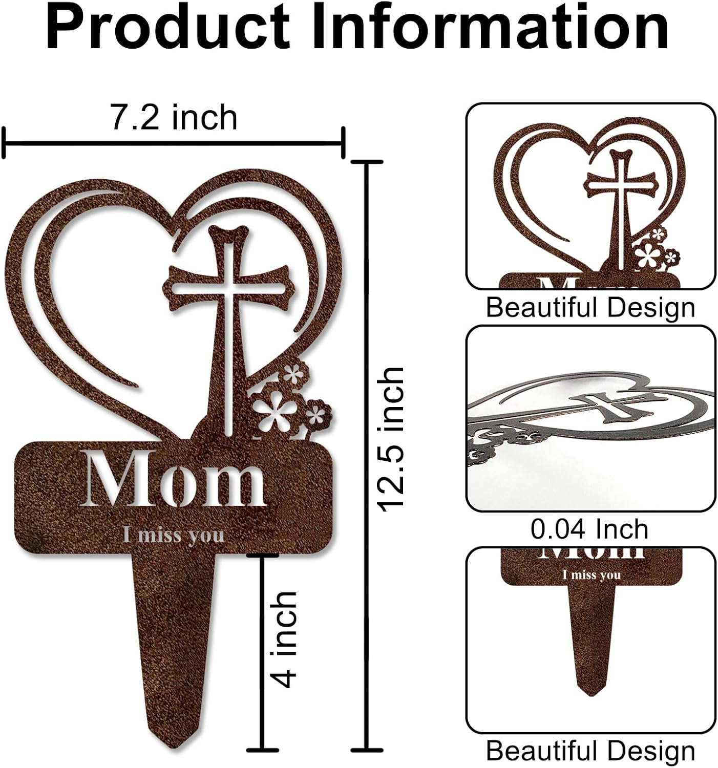 Mom Memorial Grave Stake, Cemetery Decorations for Grave Markers 12.5 x 7.2 inch Heart Metal Sympathy Stakes Graveside Plaque Decor Sign for Mother Graves, Yard, Garden - Rust-Mom
